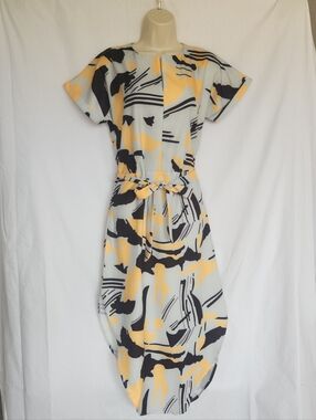 Drimmaks Butter Yellow Abstract Midi Dress Medium | Minimalist Tie Waist